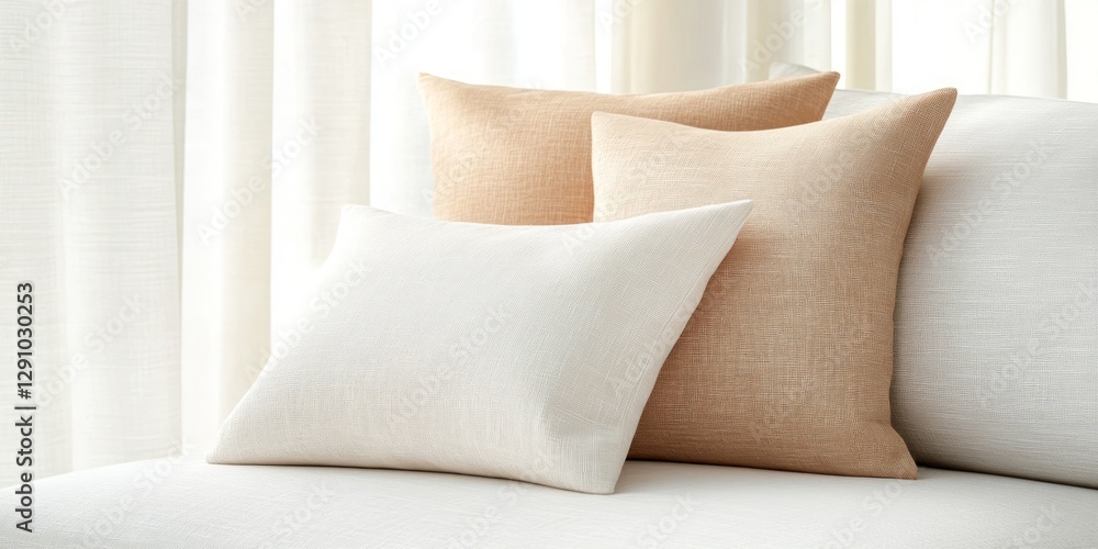 Poster textured throw pillows in neutral tones are arranged on a cozy sofa, adding warmth and style to a we