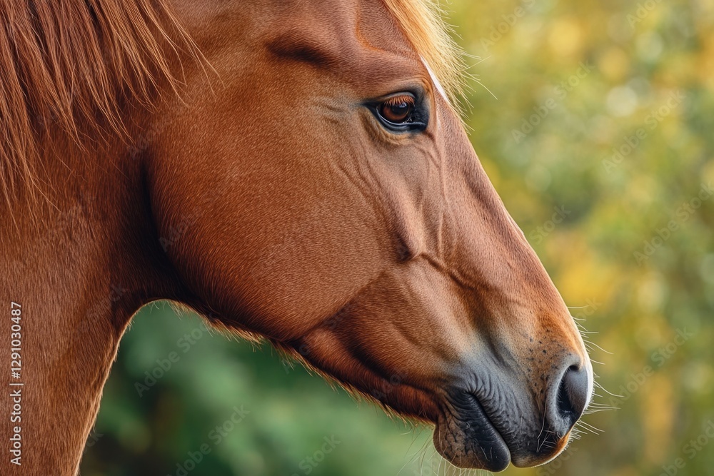 Poster close-up portrait of a horse's face with trees blurred in the background