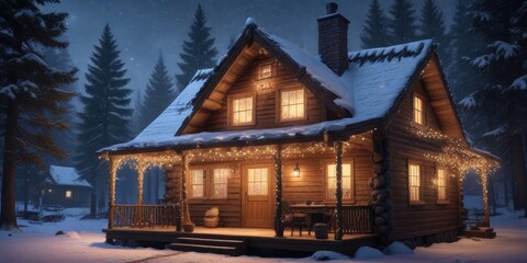 Festive lights adorn the roof of a charming cabin as snowfall creates a serene winter scene, snowfall, festive lights, cabin roof