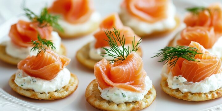 Smoked Salmon Canap&Atilde;?s with Dill and Cream Cheese on a white plate