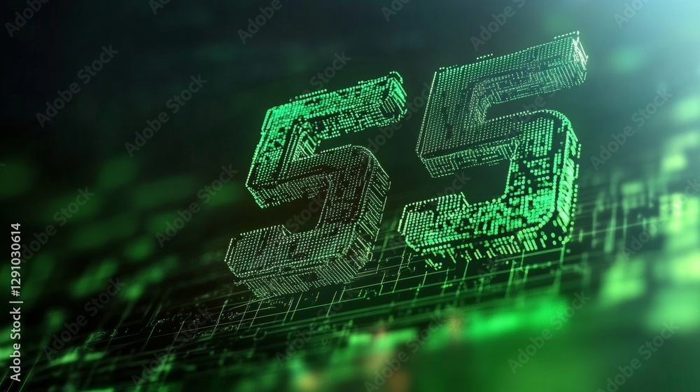 Poster glowing 3d number 55 formed with digital circuitry illuminates a technological abstract background