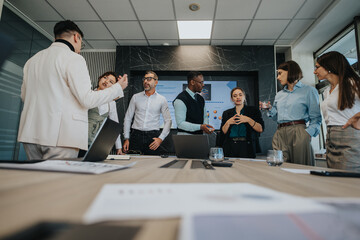 A multicultural group of business people actively participating in a meeting, discussing new ideas...