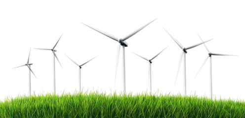 Renewable energy windmills on hilly landscape, isolated on transparent cutout background