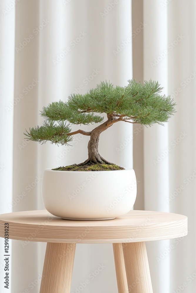 Poster a bonsai tree is elegantly displayed in a simple white pot resting on a light wooden stool, embodyin