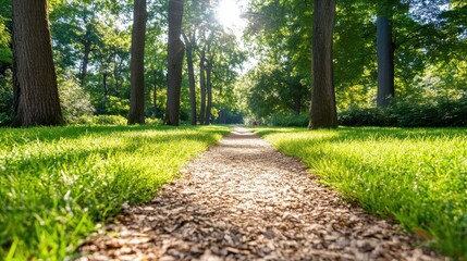 Sunlit forest path invites tranquil walks among dappled light and greenery