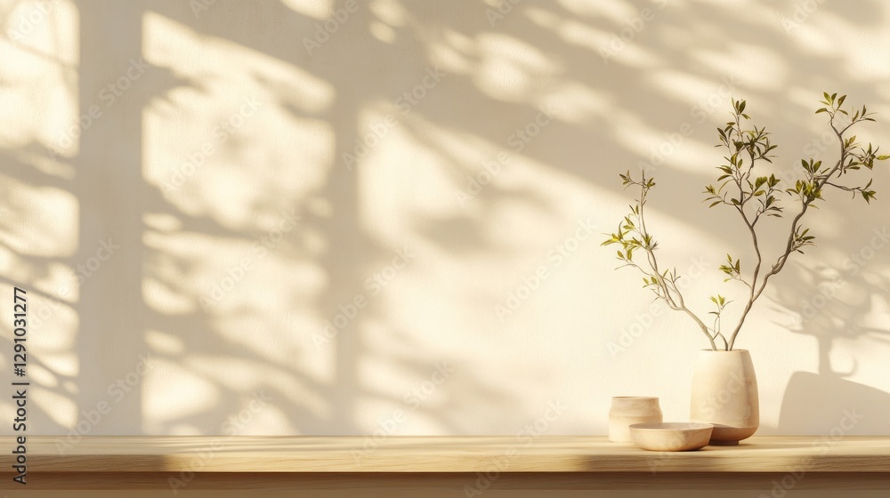 Poster a serene display of natural elements on a wooden shelf highlights a modern design, with soft shadows