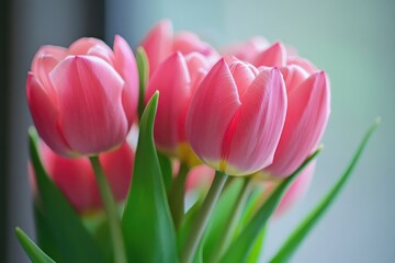 Naklejka premium Fresh pink tulips arranged in a glass vase, perfect for spring decor or gifts