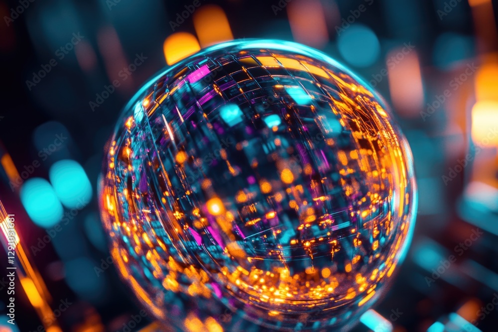 Poster A close-up shot of a disco ball with colorful lights reflecting in the background, great for use in party or event scenes