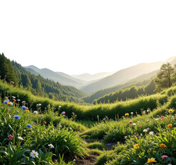Mountain Valley Field with Wildflowers transparent background