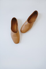Contemporary Brown Leather Shoes. Minimalist Aesthetic, Classic Footwear on Plain White Background