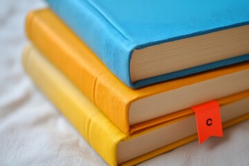 Colorful books stacked, close-up, bookmark, study