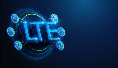 Low Poly LTE Wireless Mobile Network Connection with Lineart Icons. Abstract geometric illustration depicting communication technology 3D lettering concept by wireframe mesh on blue background
