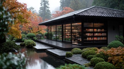 Modern Japanese-style library pavilion in autumn garden. Possible use Stock photo for architecture, travel, and design