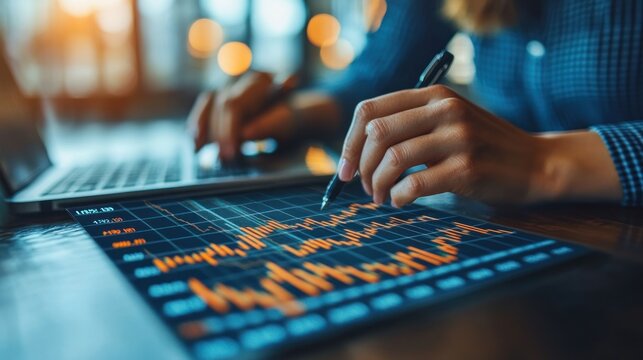 Woman analyzing financial data on laptop and tablet in cafe