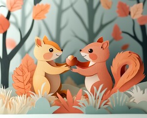 Paper squirrels sharing autumnal nut in forest