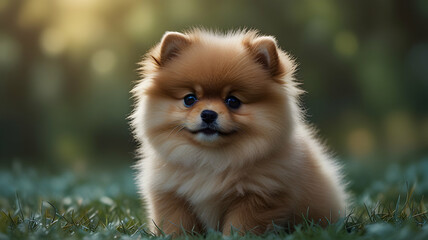 Obraz premium Adorable Pomeranian Puppy Sitting Grass Soft Fur Outdoor Setting