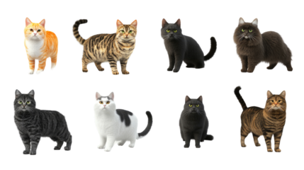 Various domestic cats of different breeds and colors posing together in a studio setting,cut out 