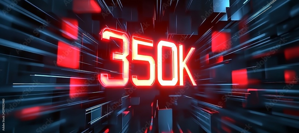 Poster glowing 3d number 350,000 in futuristic style on abstract technology background, 3d rendering