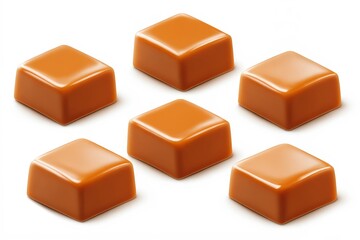 Seis caramelos de forma cuadrada con un brillo apetitoso en un fondo neutro.