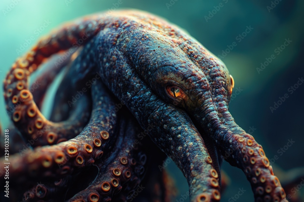 Poster a close-up view of an octopus's head and tentacles