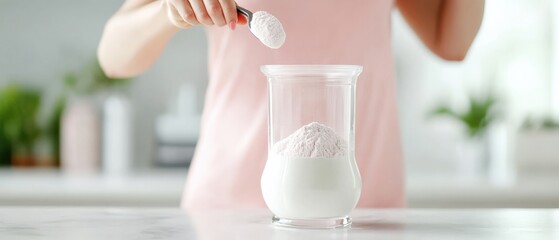 Woman adding protein powder to a glass of milk