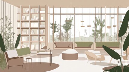 Serene Modern Living Room with Large Windows and Plants