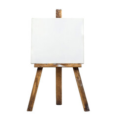 Wooden easel with a blank white canvas, isolated on transparent cutout background