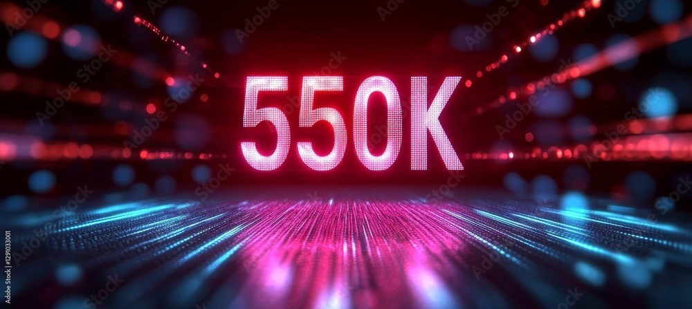 Poster glowing digital single big 3d number 550k in futuristic style on digital abstract background