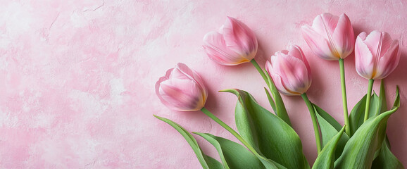 Obraz premium Fresh pink tulips on a soft pink background, symbolizing spring, beauty, and love, perfect for Mother's Day, Valentine's Day, and other celebrations of affection.