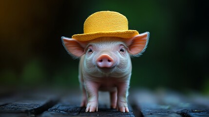 Cute piglet in yellow hat on wooden deck, forest background
