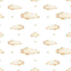 Watercolor pattern beige clouds, stars. Seamless pastel children's print. Hand drawn illustrations dreams, sleep vintage style on white for design children's textiles fabrics clothes wallpaper nursery