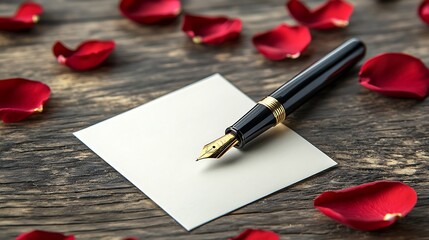 Rose petals, pen, blank note, wooden surface, romantic image