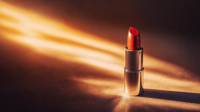 Un labial rojo brilla en un fondo suave iluminado por la luz, creando un contraste atractivo y elegante.