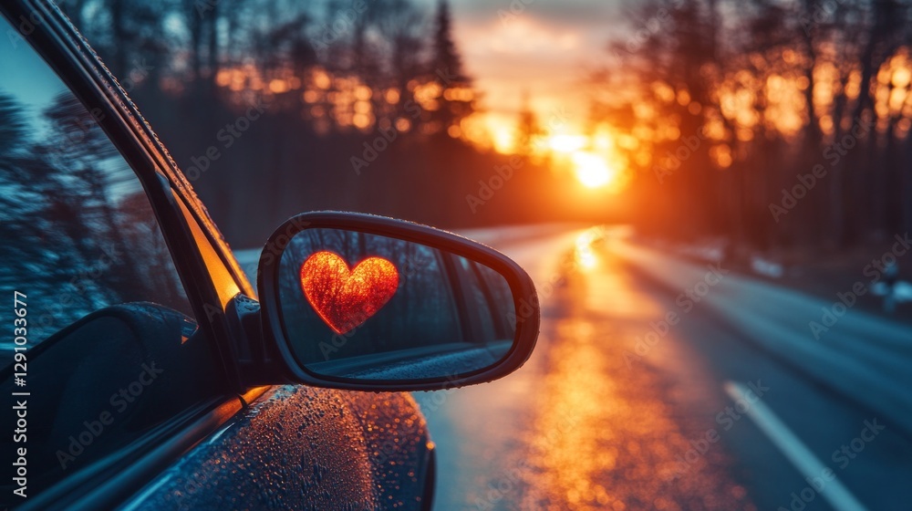 Poster as the sun dips below the horizon, a heart shape glimmers on the rearview mirror, casting warmth ove