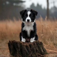Puppy sitting on stump in field