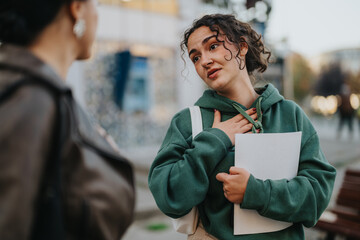 A young woman expressing emotion while speaking to another individual during an outdoor interaction.