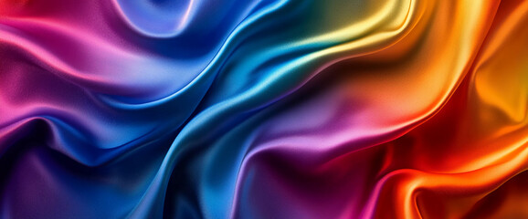 Obraz premium A smooth, colorful satin fabric with vibrant gradient hues of red, orange, yellow, and blue, symbolizing luxury, elegance, and dynamic energy with flowing, silky textures