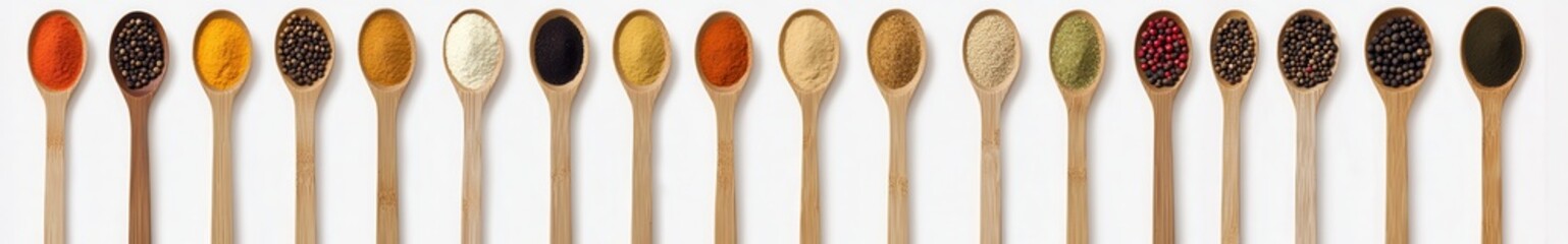 An Inviting Array of Spices Organized in Wooden Spoons for Culinary Inspiration and Delight