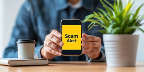 Spam call phone security concept. A person holding a smartphone displaying a "Scam Alert" message, with a coffee cup and plant in the background, emphasizing awareness of scams.