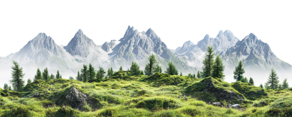 Scenic alpine view with greenery and mountains, isolated on transparent cutout background