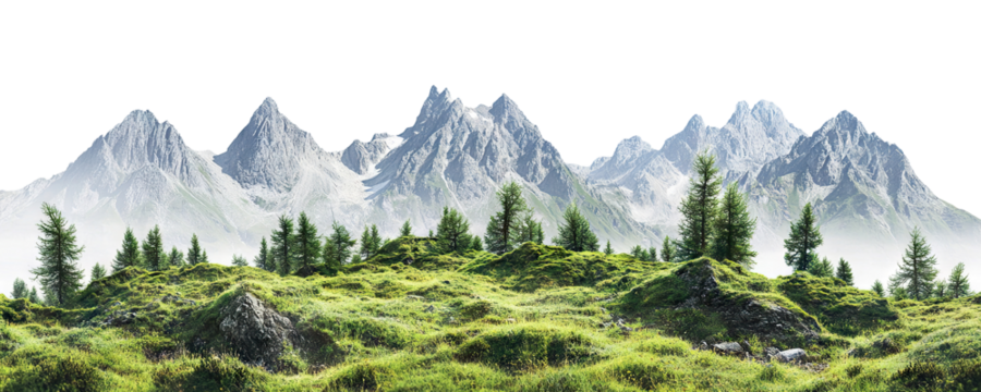 Scenic alpine view with greenery and mountains, isolated on transparent cutout background
