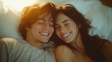 Sweet Embrace: A loving couple, basking in the tender warmth of sunlight, share a serene moment of intimacy and happiness, radiating the glow of a shared bond in their peaceful haven.