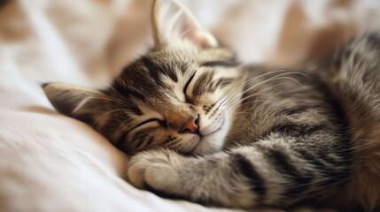 Domestic young cat sleeping on the sofa at home