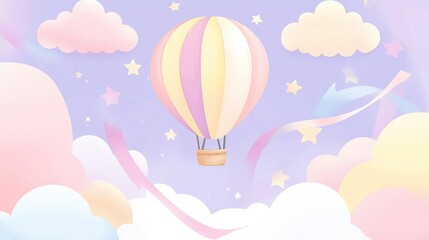 Pastel Hot Air Balloon Floating in a Dreamy Sky - A Whimsical and Adorable Artwork