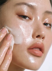 Una mujer aplica un producto de cuidado facial, mostrando una piel hermosa y radiante.