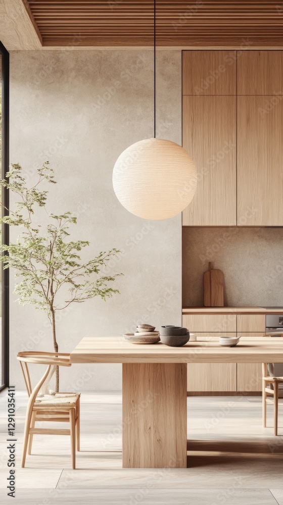 Poster this dining space features a light wood table complemented by simple chairs, a round pendant light, 