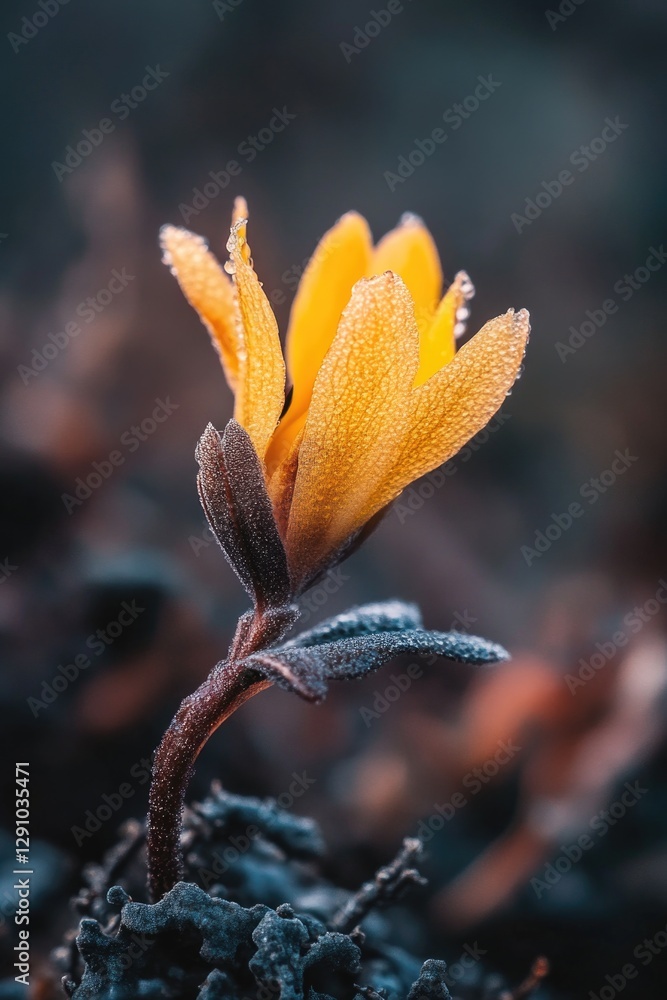 Poster a small yellow flower is covered in frost, adding a touch of winter charm