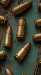 Metallic Ammunition: A close-up perspective of metallic bullets arranged on a distressed wooden surface, showcasing textures and reflections
