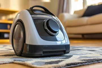 A household appliance sitting on a rug in a cozy living room setting