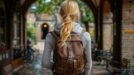 A young woman walks away from the camera through a picturesque university campus adorned with arches and bicycles. She carries a brown backpack and enjoys a sunny afternoon